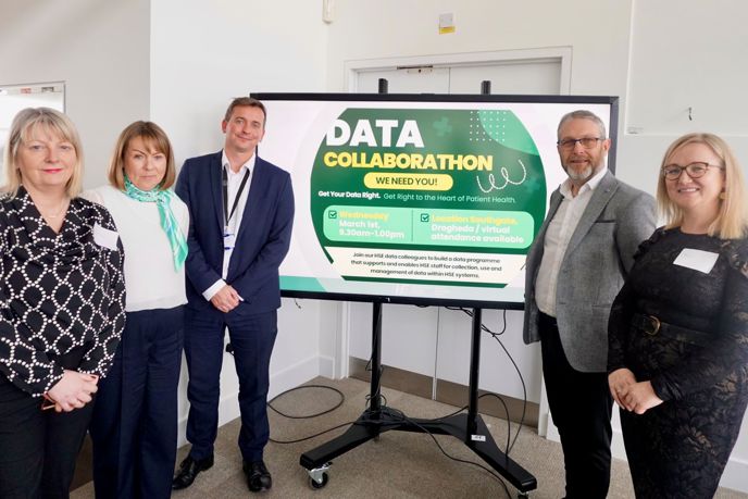 Group pic of key speakers at data collabrathon Maria McCann, Director of Identity Management Services (IMS). Loretto Grogan, National Chief Nursing & Midwifery Information Officer.  Kerry Ryder, Business Analyst of Health Intelligence Unit. Mary Deasy, Data Protection Officer.  Mark Bagnell, General Manager Strategy & PMO, Integrated Information Services (IIS) Theresa Barry, Clinical Terminology Architecture Lead.